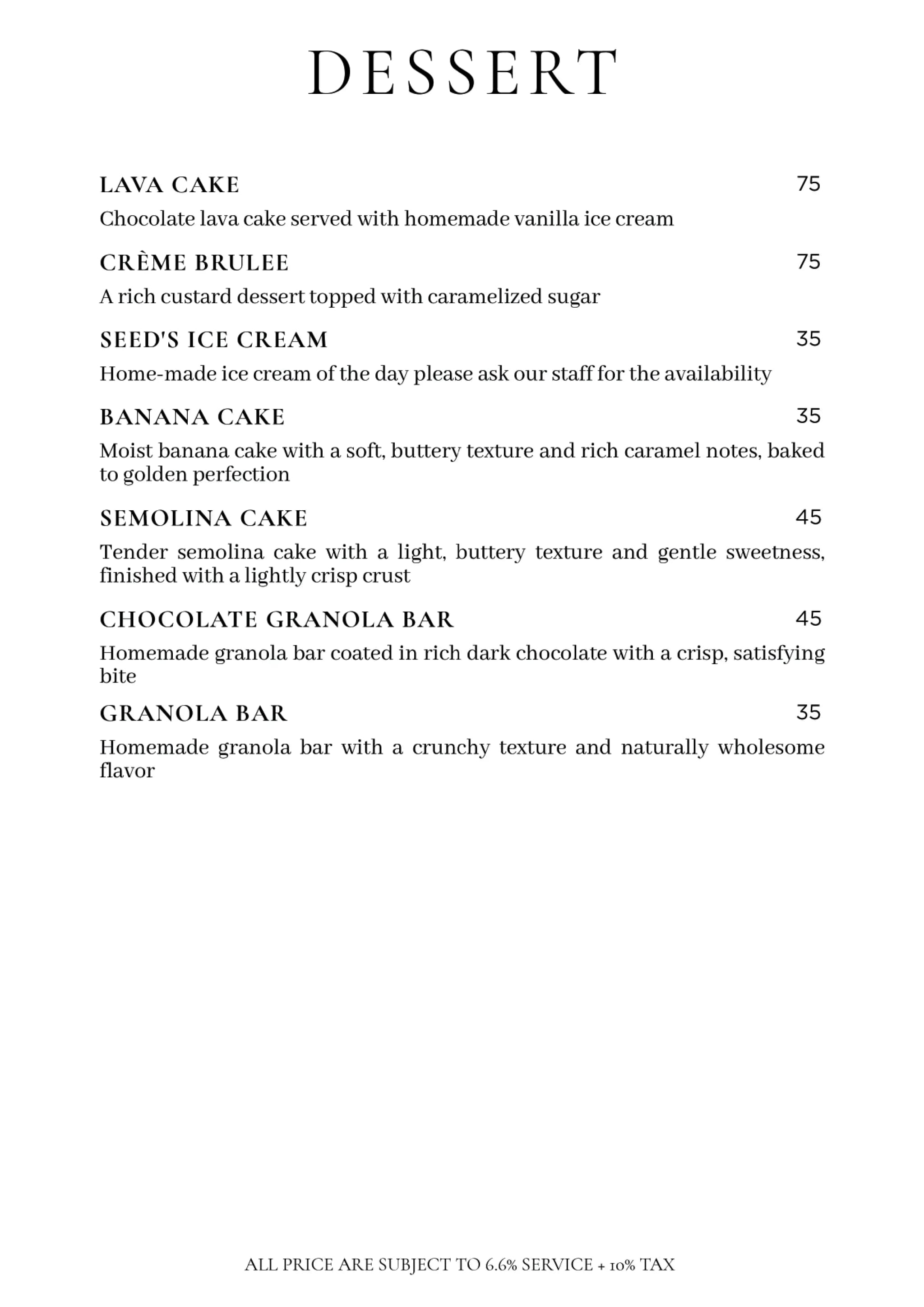 Seed Restaurant Dessert Menu